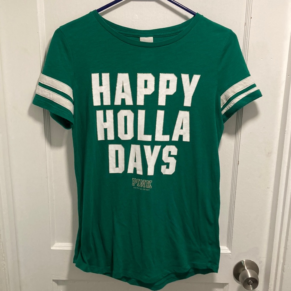 PINK Victoria's Secret Green "Happy Holla Days" Short Sleeve Tee